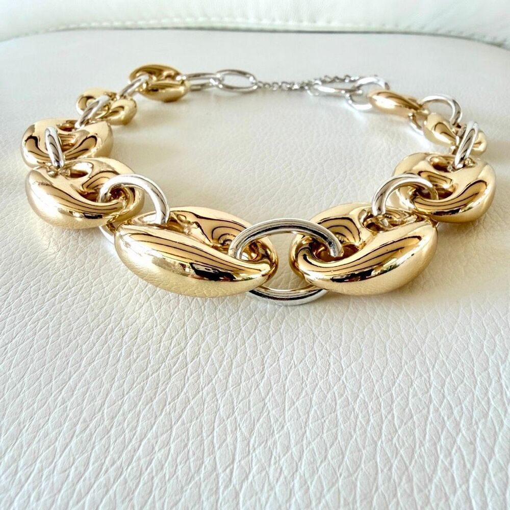 New Gorgeous Camila Coelho Big Puffed Gold Silver Mariner Links Necklace 18”+3” - Picture 11 of 16